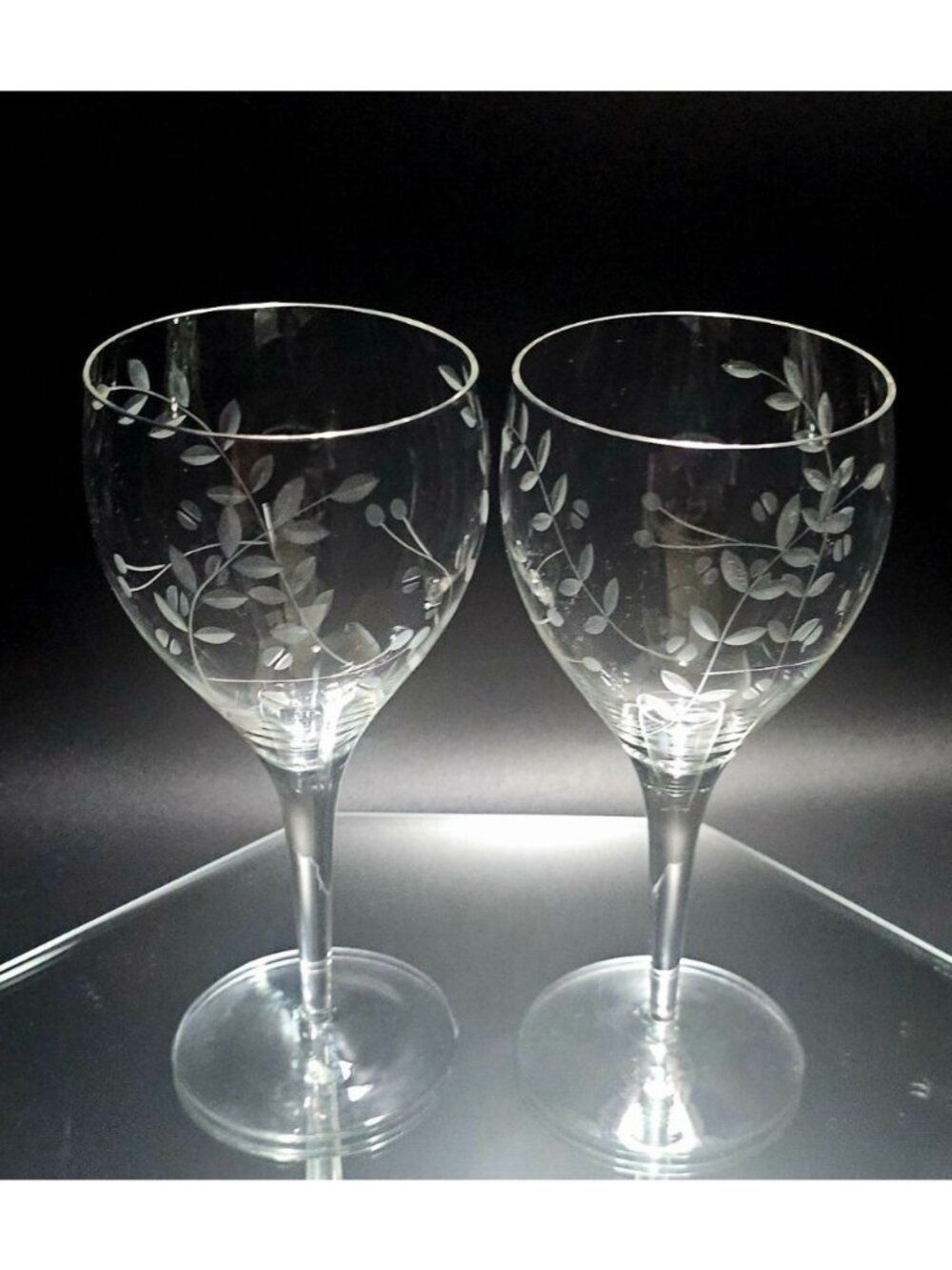 2 Colony Claridge Water Goblet 7.5" etched plant crystal blown glass romantic vt - Picture 2 of 7